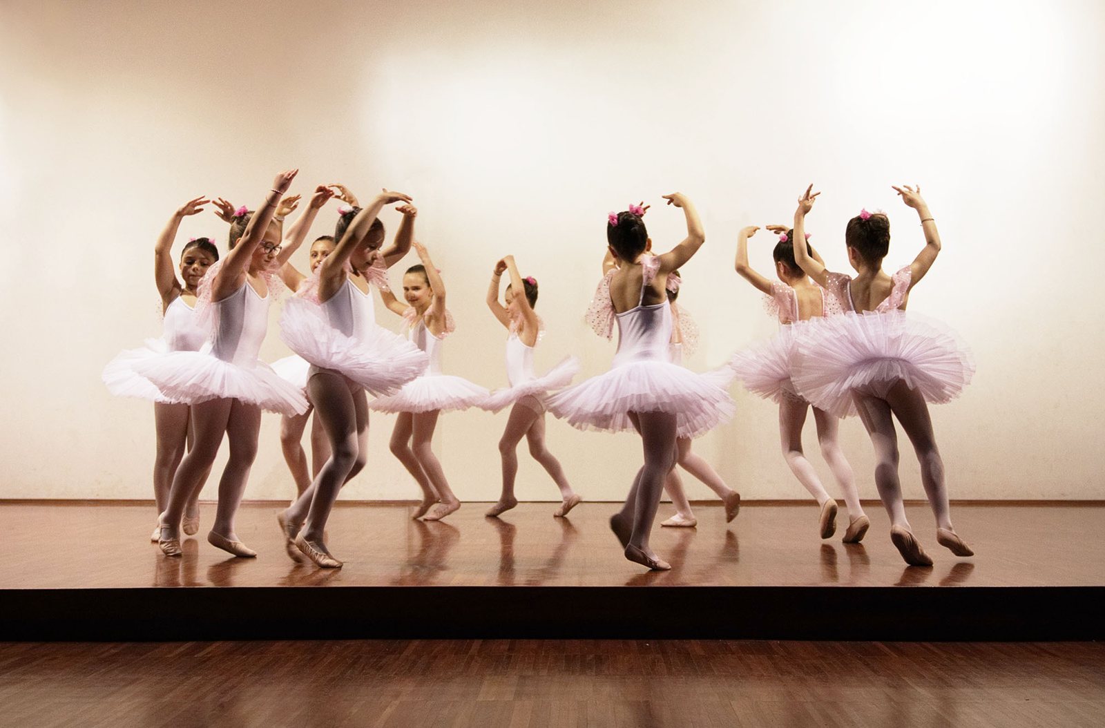 Dancers lined up across the stage during a studio recital